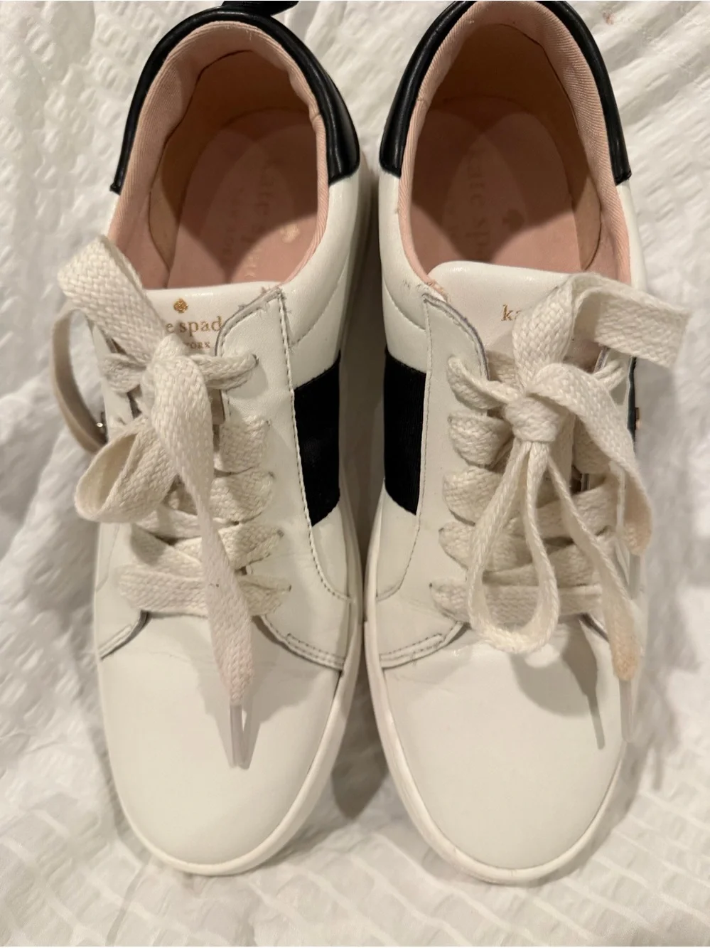 kate spade White Leather Sneakers with Black Stripe and Pink Lining